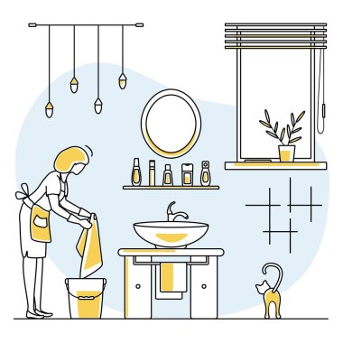 Vektör illüstrasyonu Apartman Temizlik Hizmetçisi kadın tuvalette tesisat yıkıyor. Ev işleri için profesyonel hijyen hizmeti. Oda Bakımı İş Tasarımı Web Sitesi Uygulaması Yazdırma