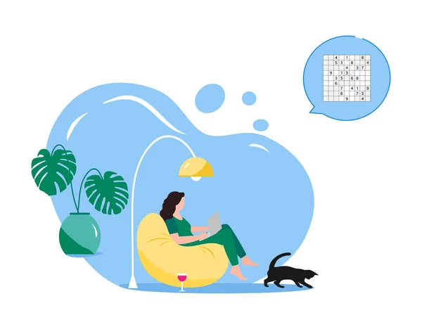 Illustration Vectorielle Femme Résout Sudoku Ligne Sur Ordinateur Portable Relaxation — Image vectorielle