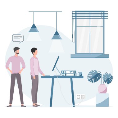 Vektör illüstrasyon Uzaktan Çalışması İnsanlar çalışır, bilgisayar Coronavirus COVID-19 Ofisi 'nde takım sohbetinde konuşur, uzaktan erişim Serbest Çalışması Web baskısı için Çevrimiçi Konsept Tasarımı Çalışması