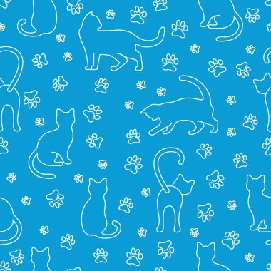 Eğlenceli kediyle vektörsüz desen çizimi. Hayvan geçmişi. Sağlık, veteriner, beslenme, sergi. Kumaş, baskı, ambalaj kağıdı veya baskı için tasarım.