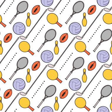 Vektör desensiz bovling broşu, ping pong, tenis raketi, futbol, rugby topu, golf sopası spor teması oyun, hobi, spor ekipmanları kumaş için sağlıklı yaşam tarzı tasarımı, baskı için