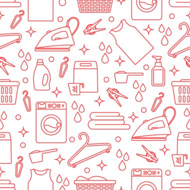 Vektör Tertemiz Çizim Çamaşır Temizleme Servisi Çamaşır Makinesi, Çamaşır sepeti, deterjan, demir, mandal, askı, çarşaf. Baskı için Ev işleri Çamaşırhane Görevleri Tasarımı