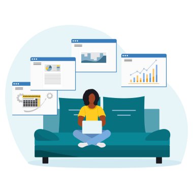 Vektör illüstrasyon Uzaktan Çalışması İnsanlar dizüstü bilgisayarda çalışır. Coronavirus COVID-19 Ofisi Evdeki Uzaktan Erişim Serbest Çalışması Web baskısı için Çevrimiçi Konsept Tasarımı Çalışması