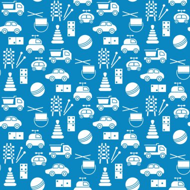 Vektör desensiz çocuk oyuncakları illüstrasyon Mutlu çocukluk oyun eşyaları araba piramit, domino, ksilofon davul topu ilkokul, ilkokul, anaokulu oyun tasarımı giysi, baskı oyunu tasarımı