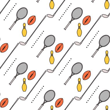 Bowling pimi, tenis raketi, rugby topu, golf sopası. Spor teması. Oyun, hobi, eğlence. Spor malzemeleri. Paket, kumaş veya yazdırma için tasarım.