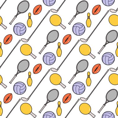 Vektör desensiz bovling broşu, ping pong, tenis raketi, futbol, rugby topu, golf sopası spor teması oyun, hobi, spor ekipmanları kumaş için sağlıklı yaşam tarzı tasarımı, baskı için