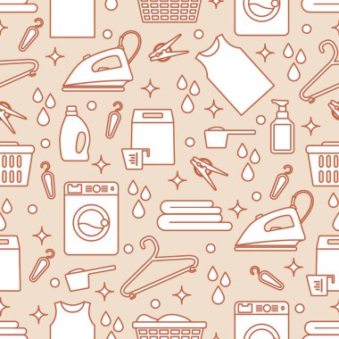 Vektör Tertemiz Çizim Çamaşır Temizleme Servisi Çamaşır Makinesi, Çamaşır sepeti, deterjan, demir, mandal, askı, çarşaf. Baskı için Ev işleri Çamaşırhane Görevleri Tasarımı