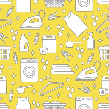 Vektör Tertemiz Çizim Çamaşır Temizleme Servisi Çamaşır Makinesi, Çamaşır sepeti, deterjan, demir, mandal, askı, çarşaf. Baskı için Ev işleri Çamaşırhane Görevleri Tasarımı