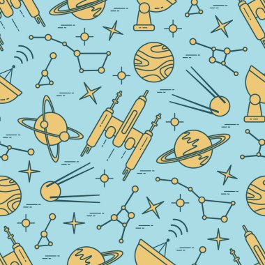 Kusursuz desenli Vektör İllüstrasyon Gezegeni Satürn Galaksi takımyıldızları Yörünge İstasyonu Radar Uzay Araştırması. Astronomi konsepti evrende uzay gemisi. Uygulama, ağ ve yazdırma için Büyük Bilim Alanı Tasarımı