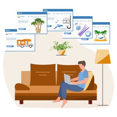 Vektör illüstrasyonu İnsanlar dizüstü bilgisayardan tatil rezervasyonu yapıyor. Seyahat ya da seyahat planı. Tatil güzergahı. Çevrimiçi kavram. İnternet e-ticaret, seyahat teknolojisi. Tatil köyü. Turizm. Web sitesi için tasarım, yazdırma
