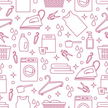 Vektör Tertemiz Çizim Çamaşır Temizleme Servisi Çamaşır Makinesi, Çamaşır sepeti, deterjan, demir, mandal, askı, çarşaf. Baskı için Ev işleri Çamaşırhane Görevleri Tasarımı