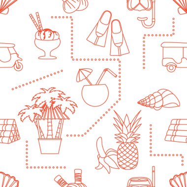 Kusursuz desenli seyahat vektör ilüstrasyonu Tatil Macerası Yaz Gezisi Tuk-tuk, palmiye ağacı, maske, şnorkel, palet, masaj için bitkisel keseler, kabuk, ananas, muz, kokteyl