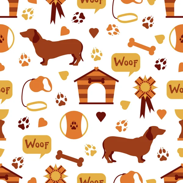 Vector Naadloze Patroon Illustratie Dog Doghouse Paw Tracks Bone Toy — Stockvector