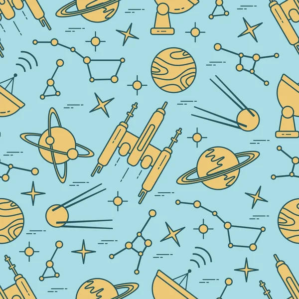 Seamless pattern Vector Illustration Planet Saturn Galaxy constellations Orbital station Radar Space exploration. Astronomy concept Spaceship in universe. Science Huge space Design for app, web, print