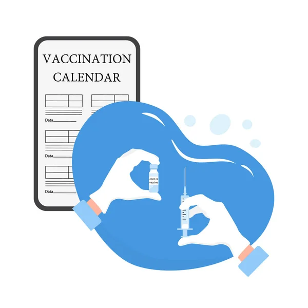 Vector Illustratie Hand Spuit Vaccinatie Fles Immunisatie Vaccinatie Kalender Mobiele — Stockvector