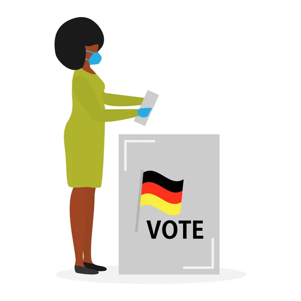 Stemmen Vector Illustratie Verkiezingsdag Mensen Met Een Medisch Masker Gooien — Stockvector