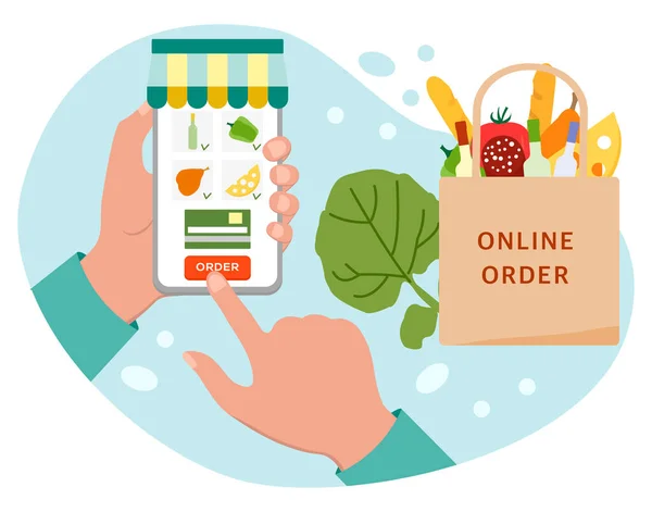 Vektör illüstrasyonu Online Market. Cep telefonundan yemek siparişi vermek. Ürünlerin teslimatı. Market poşeti. Kurye. İnternetten sipariş verin. Web sitesi ve baskı için alışveriş konsepti tasarımı