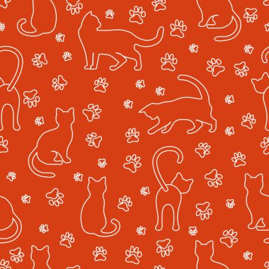 Eğlenceli kediyle vektörsüz desen çizimi. Hayvan geçmişi. Sağlık, veteriner, beslenme, sergi. Kumaş, baskı, ambalaj kağıdı veya baskı için tasarım.