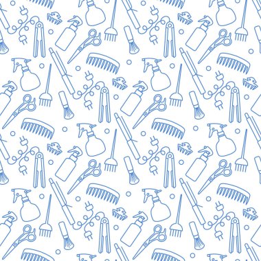 Vektörsüz desenli, profesyonel kuaför aletleri berber kuaför kuaför kuaför cazibe moda moda moda tarağı, saç düzleştirici, makas, parmak izi tasarımı.