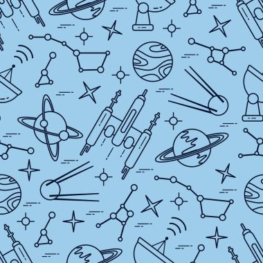 Kusursuz desenli Vektör İllüstrasyon Gezegeni Satürn Galaksi takımyıldızları Yörünge İstasyonu Radar Uzay Araştırması. Astronomi konsepti evrende uzay gemisi. Uygulama, ağ ve yazdırma için Büyük Bilim Alanı Tasarımı