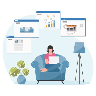 Vektör illüstrasyon Uzaktan Çalışması İnsanlar dizüstü bilgisayarda çalışır. Coronavirus COVID-19 Ofisi Evdeki Uzaktan Erişim Serbest Çalışması Web baskısı için Çevrimiçi Konsept Tasarımı Çalışması