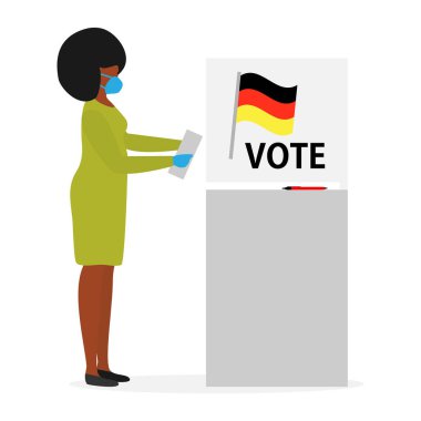 Seçmen illüstrasyonunda oy kullanma günü koruyucu tıbbi maskeli insanlar oy verme kabininde oy veriyorlar. İnsanlar adaylara oy veriyorlar. Almanya Siyasi Seçim Kampanyası Destekçileri