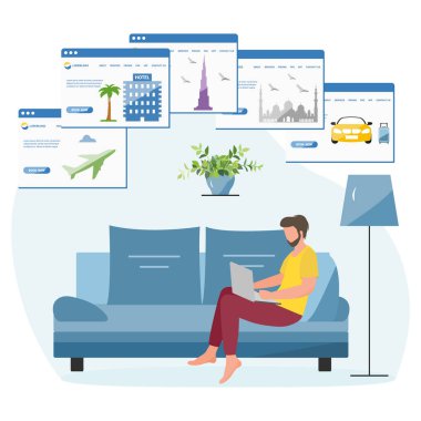 Vektör illüstrasyonu İnsanlar dizüstü bilgisayardan tatil rezervasyonu yapıyor. Seyahat ya da seyahat planı. Tatil güzergahı. Çevrimiçi kavram. İnternet e-ticaret, seyahat teknolojisi. Tatil köyü. Turizm. Web sitesi için tasarım, yazdırma