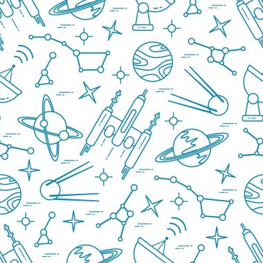 Kusursuz desenli Vektör İllüstrasyon Gezegeni Satürn Galaksi takımyıldızları Yörünge İstasyonu Radar Uzay Araştırması. Astronomi konsepti evrende uzay gemisi. Uygulama, ağ ve yazdırma için Büyük Bilim Alanı Tasarımı