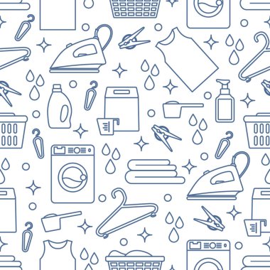 Vektör Tertemiz Çizim Çamaşır Temizleme Servisi Çamaşır Makinesi, Çamaşır sepeti, deterjan, demir, mandal, askı, çarşaf. Baskı için Ev işleri Çamaşırhane Görevleri Tasarımı