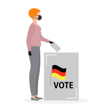 Seçmen illüstrasyonunda oy kullanma günü tıbbi maskeli insanlar oy sandığına atıyorlar. İnsanlar adaylara oy veriyor. Almanya Siyasi Seçim Kampanyası Destekçileri