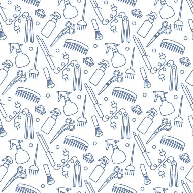 Vektörsüz desenli, profesyonel kuaför aletleri berber kuaför kuaför kuaför cazibe moda moda moda tarağı, saç düzleştirici, makas, parmak izi tasarımı.