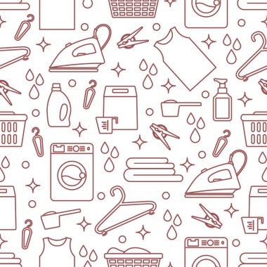Vektör Tertemiz Çizim Çamaşır Temizleme Servisi Çamaşır Makinesi, Çamaşır sepeti, deterjan, demir, mandal, askı, çarşaf. Baskı için Ev işleri Çamaşırhane Görevleri Tasarımı