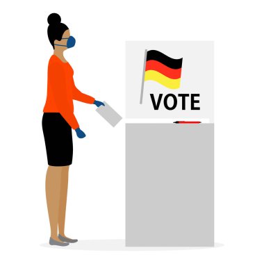 Seçmen illüstrasyonunda oy kullanma günü koruyucu tıbbi maskeli insanlar oy verme kabininde oy veriyorlar. İnsanlar adaylara oy veriyorlar. Almanya Siyasi Seçim Kampanyası Destekçileri