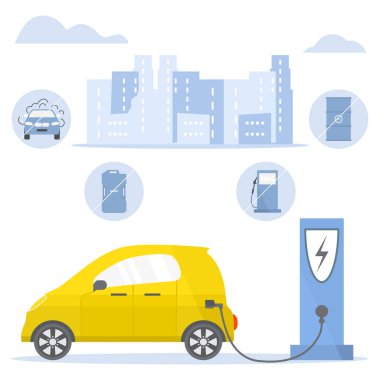 Vektör illüstrasyonlu elektrikli araba. Yeşil enerji. Yeni ulaşım ekolojik teknolojileri. Çevre dostu. Ekoloji. Çevre koruma. Sıfır emisyon. Kolay bakım. Web için dizayn, iniş sayfası, yazdırma