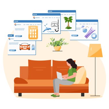 Vektör illüstrasyonu İnsanlar dizüstü bilgisayardan tatil rezervasyonu yapıyor. Seyahat ya da seyahat planı. Tatil güzergahı. Çevrimiçi kavram. İnternet e-ticaret, seyahat teknolojisi. Tatil köyü. Turizm. Web sitesi için tasarım, yazdırma