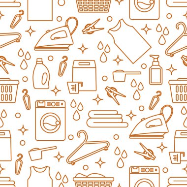 Vektör Tertemiz Çizim Çamaşır Temizleme Servisi Çamaşır Makinesi, Çamaşır sepeti, deterjan, demir, mandal, askı, çarşaf. Baskı için Ev işleri Çamaşırhane Görevleri Tasarımı
