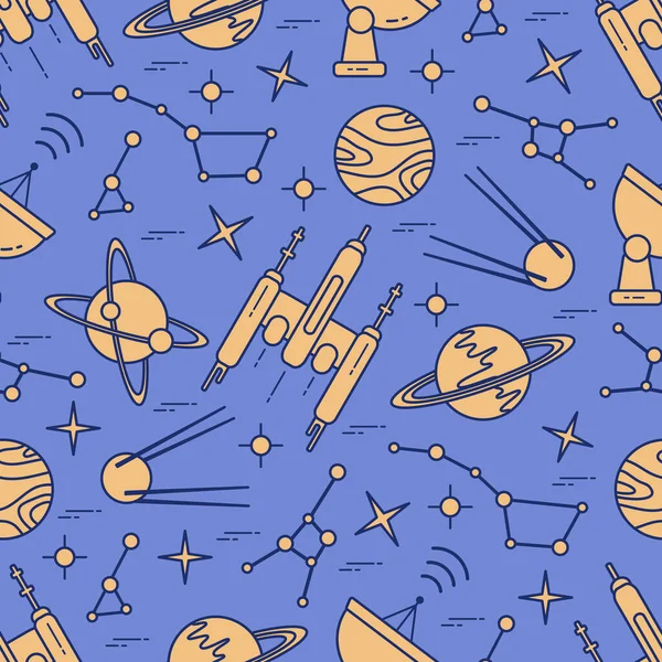 Seamless pattern Vector Illustration Planet Saturn Galaxy constellations Orbital station Radar Space exploration. Astronomy concept Spaceship in universe. Science Huge space Design for app, web, print