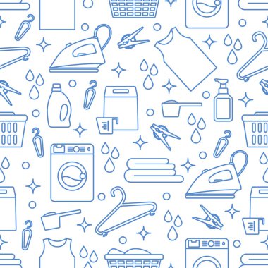 Vektör Tertemiz Çizim Çamaşır Temizleme Servisi Çamaşır Makinesi, Çamaşır sepeti, deterjan, demir, mandal, askı, çarşaf. Baskı için Ev işleri Çamaşırhane Görevleri Tasarımı