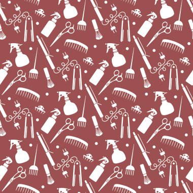 Vektörsüz desenli, profesyonel kuaför aletleri berber kuaför kuaför kuaför cazibe moda moda moda tarağı, saç düzleştirici, makas, parmak izi tasarımı.