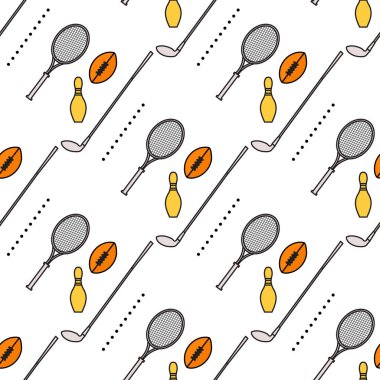 Bowling pimi, tenis raketi, rugby topu, golf sopası. Spor teması. Oyun, hobi, eğlence. Spor malzemeleri. Paket, kumaş veya yazdırma için tasarım.