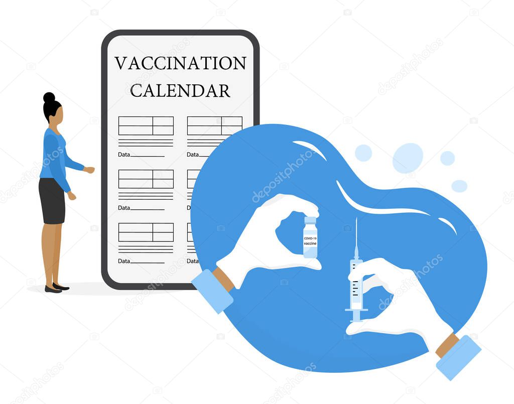 Vector illustration Hand Syringe Vaccine bottle Immunization Vaccination calendar on cell phone Vaccination information People Healthcare Public health program Medical support service Design Web Print