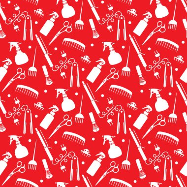 Vektörsüz desenli, profesyonel kuaför aletleri berber kuaför kuaför kuaför cazibe moda moda moda tarağı, saç düzleştirici, makas, parmak izi tasarımı.