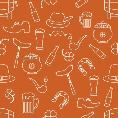 İrlanda Vektörü 'nün kusursuz deseni Mutlu Aziz Patrick Günü illüstrasyonları İrlanda Yonca At Nalı Pipo Pipo Cüce Leprechaun' un ayakkabısı Altın Bıyık Saksısı Tatil Partisi Şenlik Tasarımı