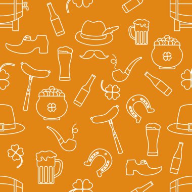 İrlanda Vektörü 'nün kusursuz deseni Mutlu Aziz Patrick Günü illüstrasyonları İrlanda Yonca At Nalı Pipo Pipo Cüce Leprechaun' un ayakkabısı Altın Bıyık Saksısı Tatil Partisi Şenlik Tasarımı