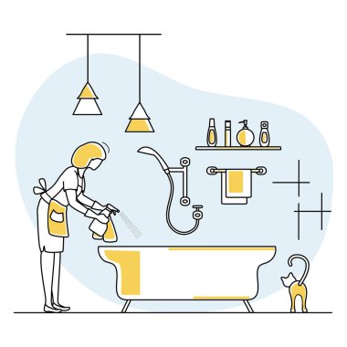 Vektör illüstrasyonu Apartman Temizlik Hizmetçisi kadın tuvalette tesisat yıkıyor. Ev işleri için profesyonel hijyen hizmeti. Oda Bakımı İş Tasarımı Web Sitesi Uygulaması Yazdırma