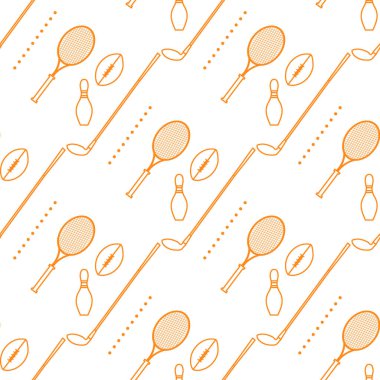 Bowling pimi, tenis raketi, rugby topu, golf sopası. Spor teması. Oyun, hobi, eğlence. Spor malzemeleri. Paket, kumaş veya yazdırma için tasarım.