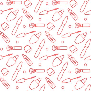 Vektör desensiz, resimli ruj fırça kremi yağı. Dekoratif kozmetik, makyaj geçmişi. Güzellik tasarımı. Cazibeli moda tarzı. Tekstil, ambalaj, baskı için tasarım