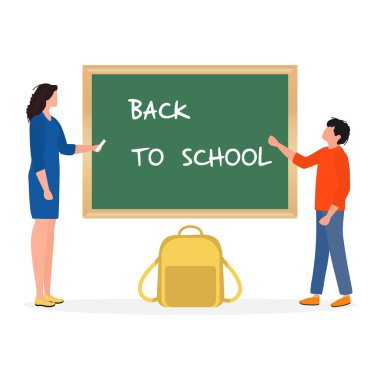 Vektör illüstrasyonu Öğrenci ve öğretmen yazı tahtasının yanında. İlkokul öğrencisi okula başlayacağı için heyecanlı. Okulun ilk günü. Eğitim konsepti.