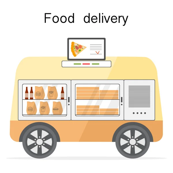 Ilustracja Wektorowa Fast Food Online Zamówienie Dostawę Przez Samodzielnego Transportu — Wektor stockowy