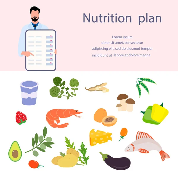 Ernährungsberater Erklärt Ernährungsplan Richtige Ernährung Organische Mahlzeiten Planung Diätmenschen Gesunder — Stockvektor